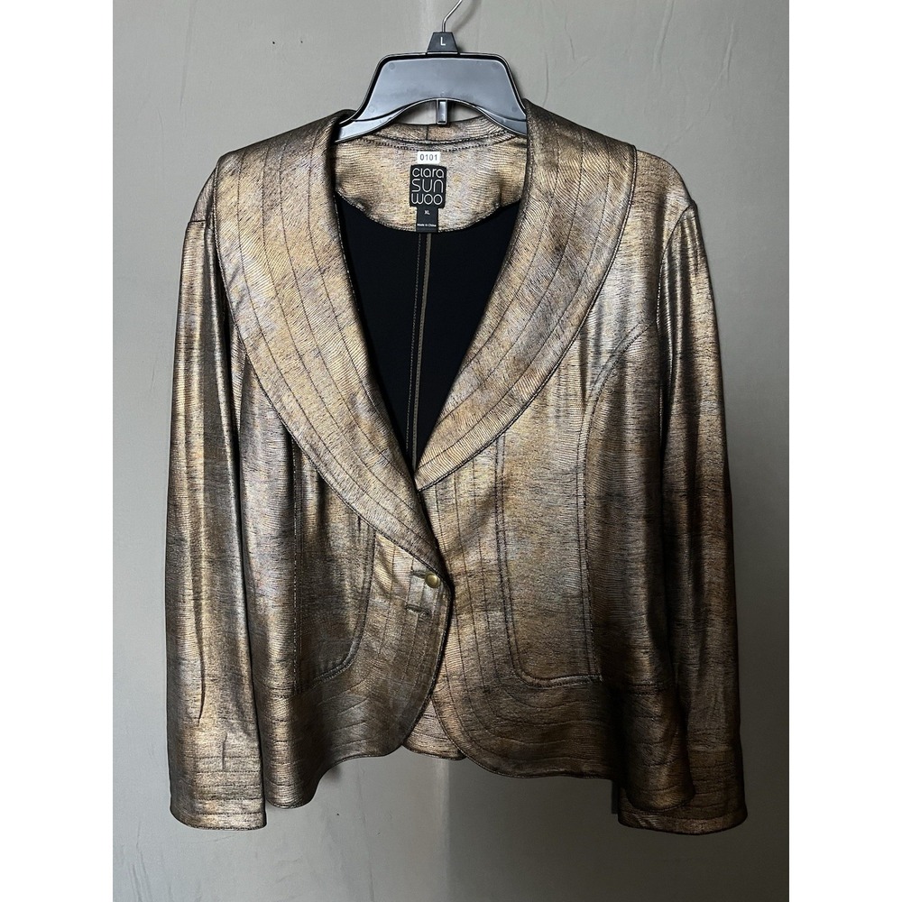 Clara Sunwoo Womens XL Gold Metallic Blazer Jacket Shawl Collar Single Button